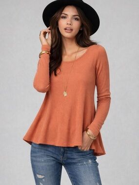 We The Free Coral Long Sleeve Thermal Knit Trapeze Swing Bottom Bohemian Top